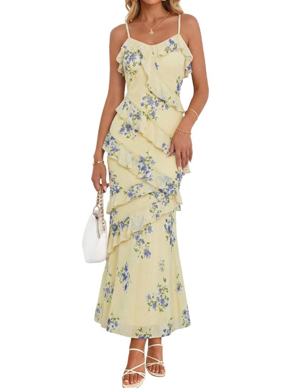 Women's Apricot Shoulder Sleeve V Neck High Waist Backless Wedding Dress